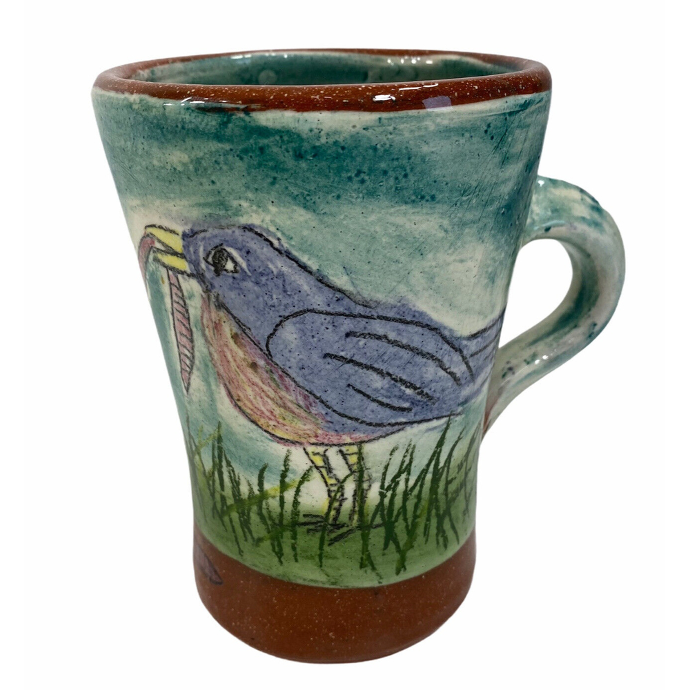 Bird Mug Redware Ceramic Watercolor Signed Pottery Handmade Worm Art